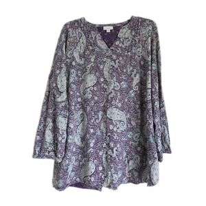 Pure Jill J. Jill Purple Blue Paisley Cotton V-Neck Pleated Tunic Blouse XL